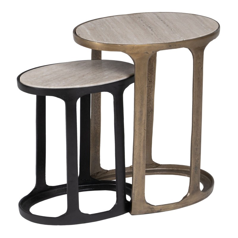 Lot De Tables D Appoint En Marbre Et Aluminium Cr Me Dor Et Noir