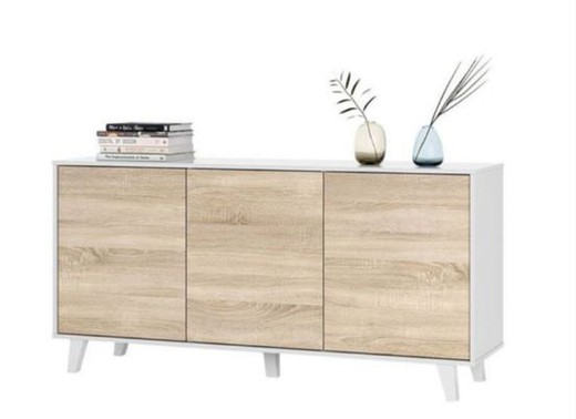 3-door sideboard with glossy white finish and oak, 154 x 41 x 75 cm