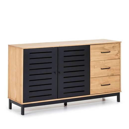 Pine sideboard in natural and black colour, 141 x 40 x 80 cm | Alessia