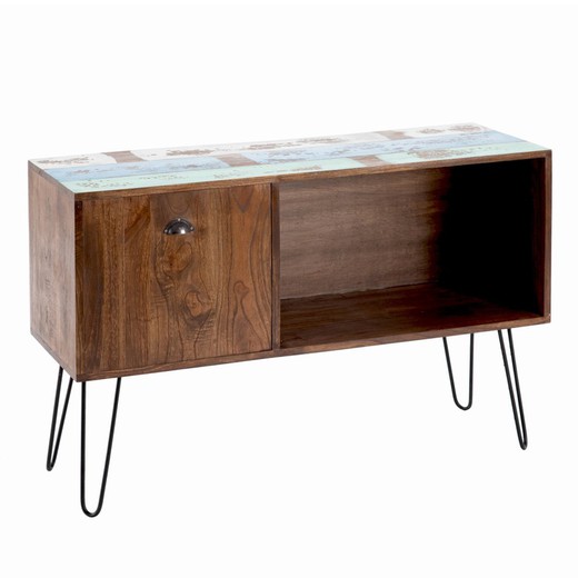 Mindi wood and metal sideboard in natural and blue, 120 x 40 x 80 cm
