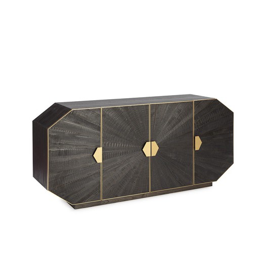 Dressoir van donkerbruin hout en goudkleurig metaal, 180x45x85 cm