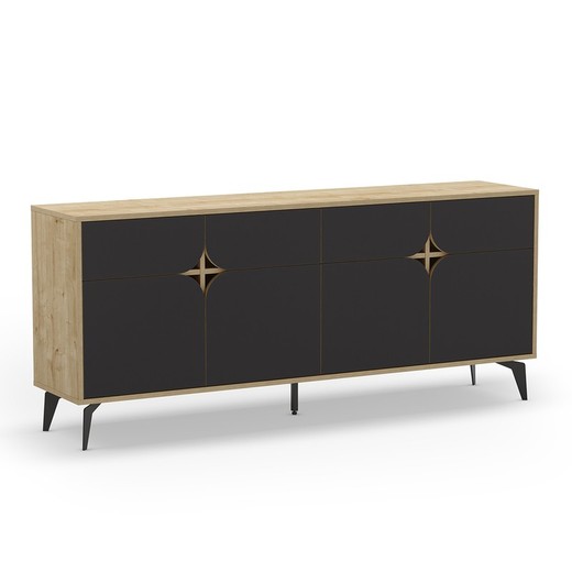 Dressoir van hout en metaal in zwart en eikenkleur, 185 x 40 x 79 cm | Nola