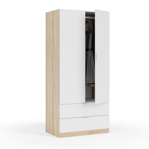 Wardrobe with 2 doors and 2 drawers, oak and white finish, 81 x 52 x 18 cm