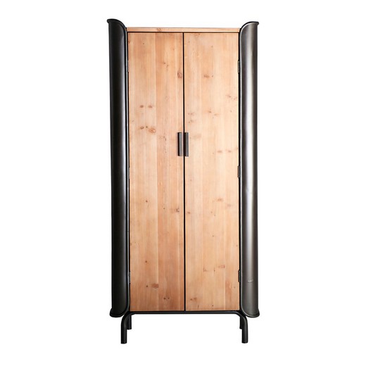 Briec Fir Wood and Iron Wardrobe in Natural/Dark Grey, 81 x 40 x 171 cm