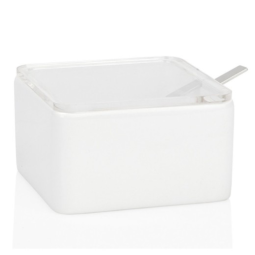 White Ceramic Sugar Bowl / Square Spoon, 10x10x7cm
