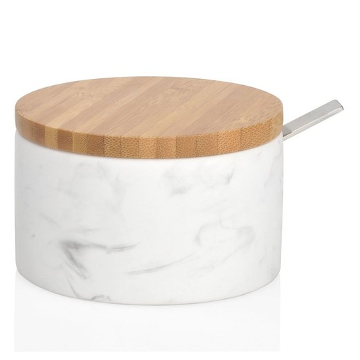White Marble / Bamboo Effect Ceramic Sugar Bowl / Spoon, Ø10x7cm
