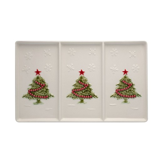 Tray with 3 divisions made of white and multicoloured earthenware, 33.5 x 20.5 x 2 cm | Christmas