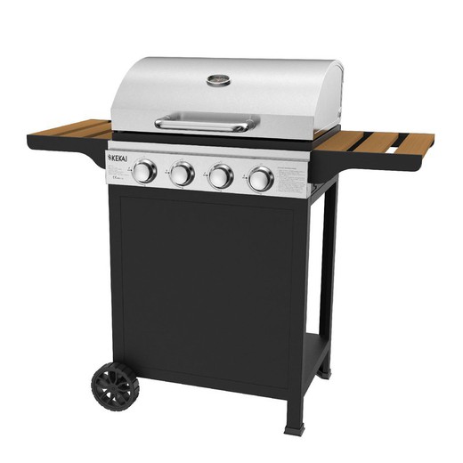 Barbacoa de gas con ruedas de acero en plateado, 118,5 x 57,5 x 104,5 cm | Fort Peck