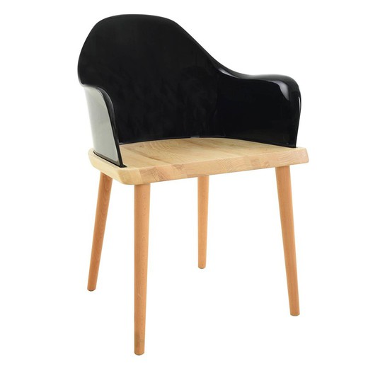 BEKSAND Black - Krzesło z podłokietnikami. Drewno jesionowe i czarny poliwęglan, 57 x 54 x 82 cm