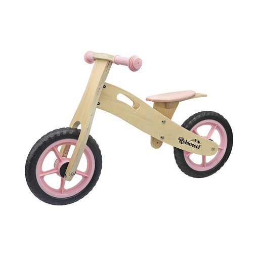 Bicicletta da corsa in stile Montessori in legno di colore naturale con dettagli rosa, 85x38x47 cm | piccolo pilota