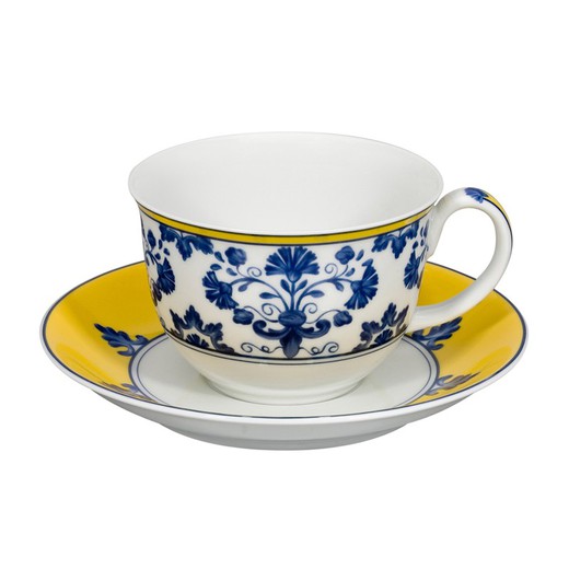 Bol en porcelaine avec soucoupe en bleu et jaune, Ø 17 x 7,4 cm | château Blanc