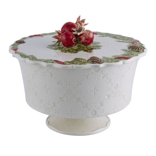 White and multicoloured earthenware bonbonniere / soup tureen, Ø 24.8 x 20 cm | Christmas wreath