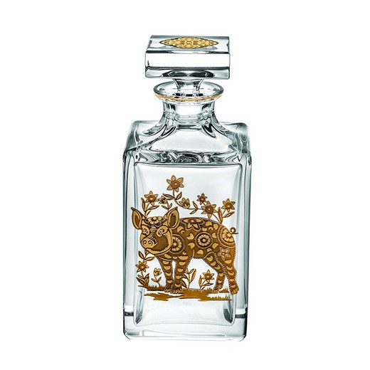 Botella de whisky Cerdo de cristal y oro transparente y dorada, 9,5 x 9,5 x 23 cm | Golden