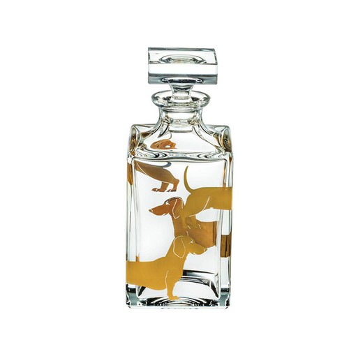 Whiskyflasche aus transparentem und goldenem Glas, 9,5 x 9,5 x 23 cm | Dackel