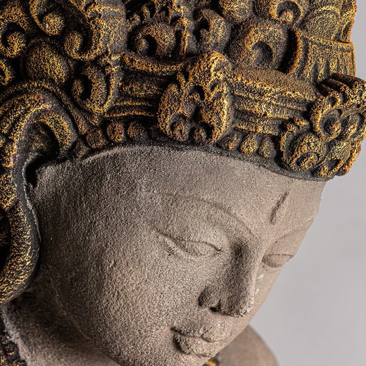 Busto della dea balinese in pietra grigia/dorata, 40x30x52 cm.