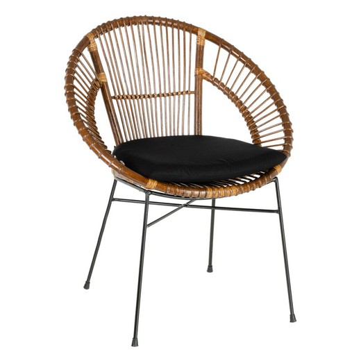 Fotel z rattanu i żelaza w kolorze ciemnego naturalnego i czarnego, 71 x 61 x 87 cm