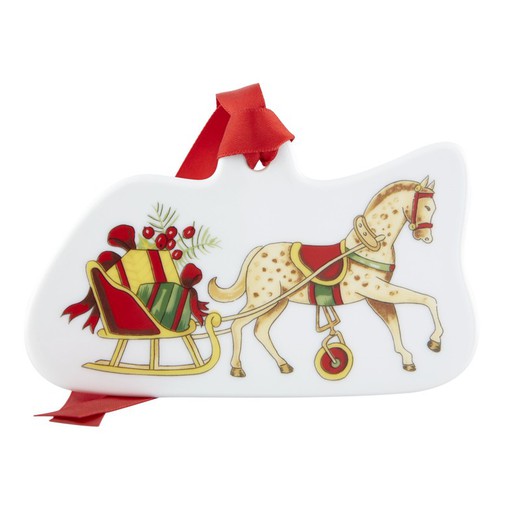 Cavallo e slitta per albero di Natale in porcellana bianca, verde e rossa, 7 x 11,5 x 0,4 cm | magia natalizia
