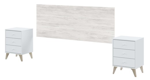 Cabecero con 2 mesitas de noche de madera gris/blanco, 240x33,5x101 cm | SWEET