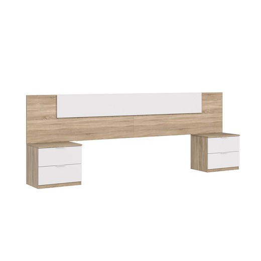 Headboard with 2 small tables in white and oak, 247 x 38 x 95 cm
