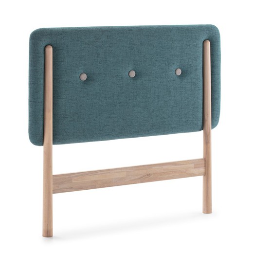 Turquoise blue fabric headboard and gray button with wooden legs, 120 x 6 x 109 cm