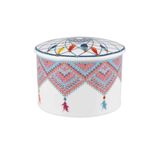 Caixa decorativa em porcelana branca e multicolorida, 11,8 x 11,8 x 8,7 cm | Apanhador de Sonhos