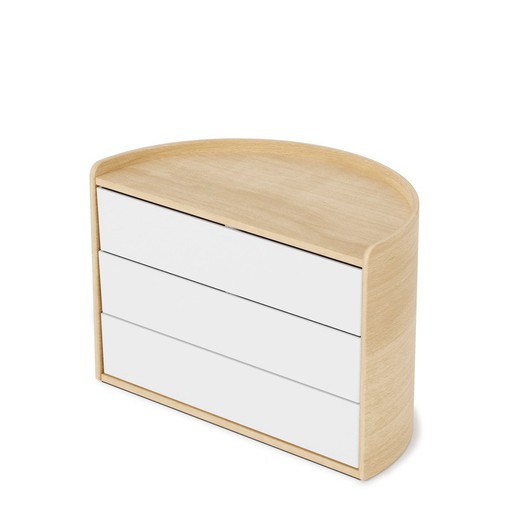 Caja MOONA blanca con tres gavetas giratorias de madera natural, 25,4x14,6x17,8 cm