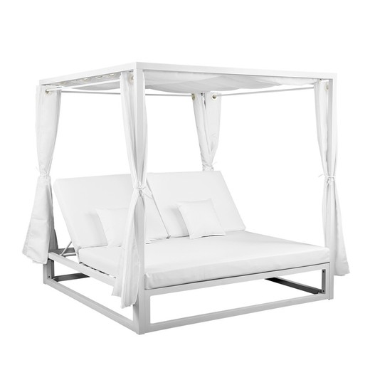 Balinees aluminium en stoffen bed in wit, 198 x 198 x 200 cm | mabie
