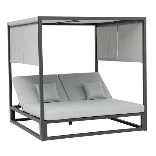 Balinees bed van aluminium en grijze stof, 198 x 198 x 200 cm | Edna