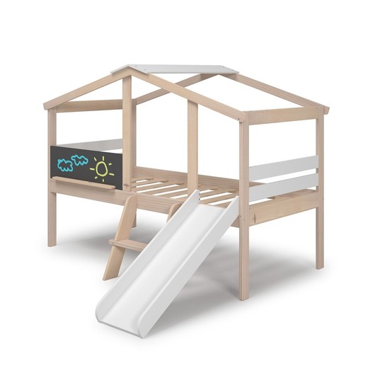 Cama cabaña con tobogán de madera de pino en natural y blanco, 204,9 x 97,1-187,3 x 147 cm | Cera