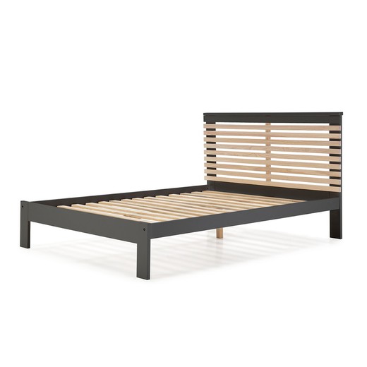 140 Bed with VECTRA Bed Base in Anthracite Gray/Natural Wood, 197.7x153.2x100 cm