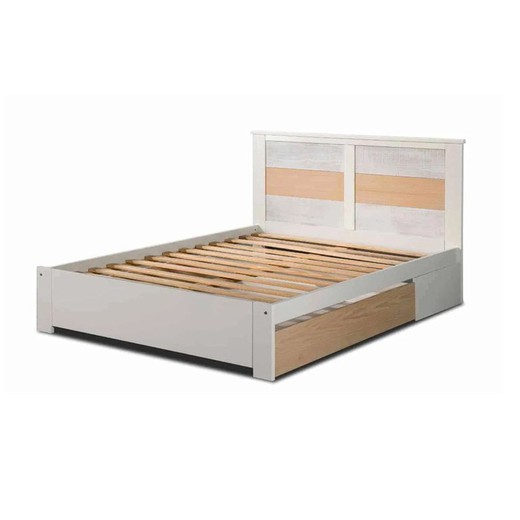 Białe drewniane łóżko 140 cm z szufladą i dnem z listew, 198 x 153 x 100 cm