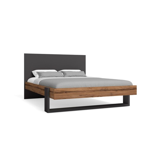 Drewniane łóżko w kolorze szarym i naturalnym, 195,6 x 153,2 x 100 cm | Chóry