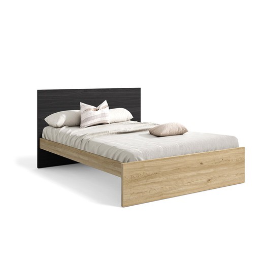 Wooden bed in natural and black, 195.6 x 150.6 x 95.5 cm | Themis