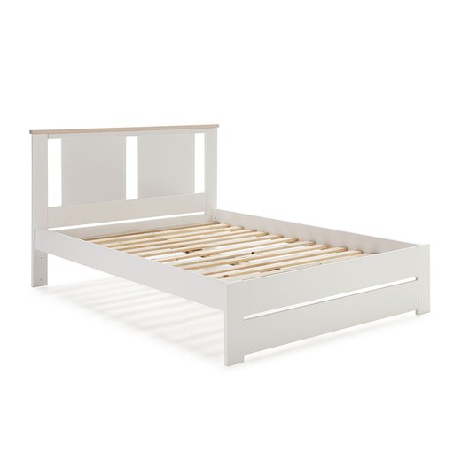 Pine bed in white and natural, 198 x 152.3 x 100 cm | Enara