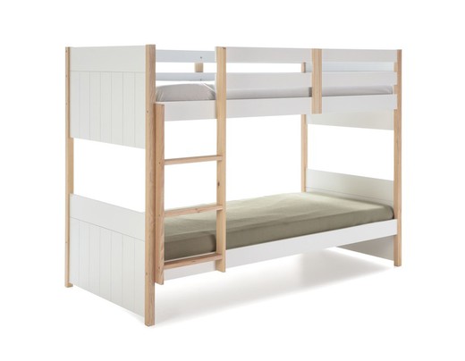 Łóżko piętrowe 0,90 z białego drewna z listwową podstawą, 200 x 104,5 x 155 cm
