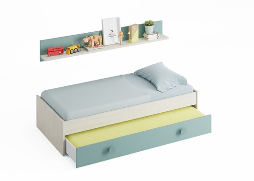 Trundle bed with white/aquamarine wooden shelf, 201x98x43 cm | SNUBA