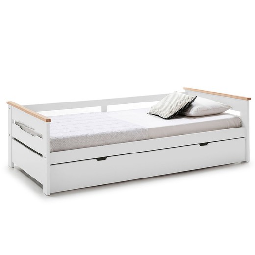 Łóżko wysuwane 0,90 z białego drewna z listwową podstawą, 199 x 105 x 62 cm