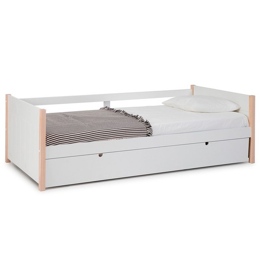 Łóżko wysuwane 0,90 z białego drewna z listwową podstawą, 200 x 98,5 x 62 cm