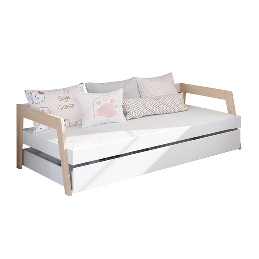 Κρεβάτι με κορδόνι πεύκου σε λευκό και φυσικό, 210,4 x 96,4 x 59,5 cm | Κάρι