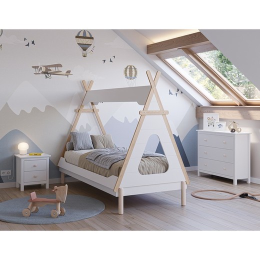 Cama Tipi de madera en blanco, 210 x 104 x 165 cm | Nora