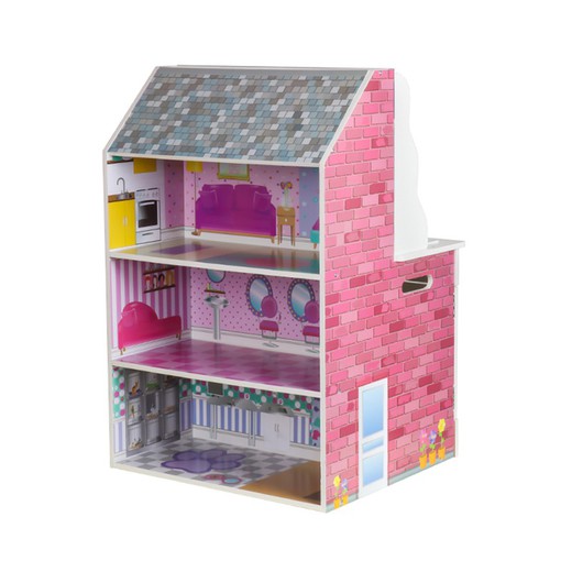 Maison de poupée et cuisine en bois en blanc et rose, 47,5 x 40 x 67,5 cm | Se réveiller