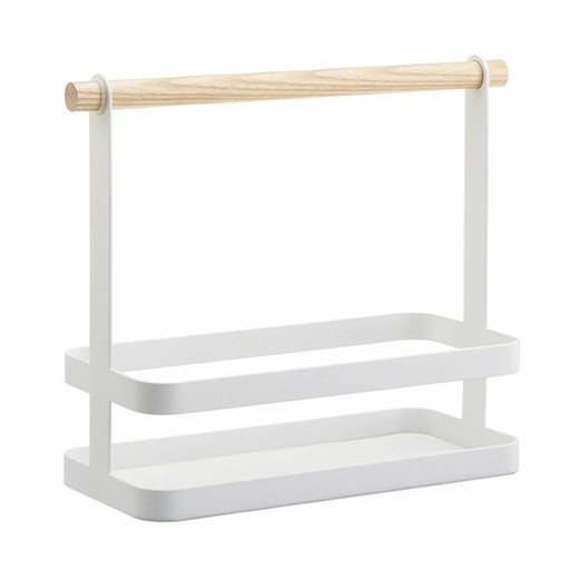 Cesto para condimentos em aço e madeira em branco e natural, 24 x 10 x 20 cm | Tosca