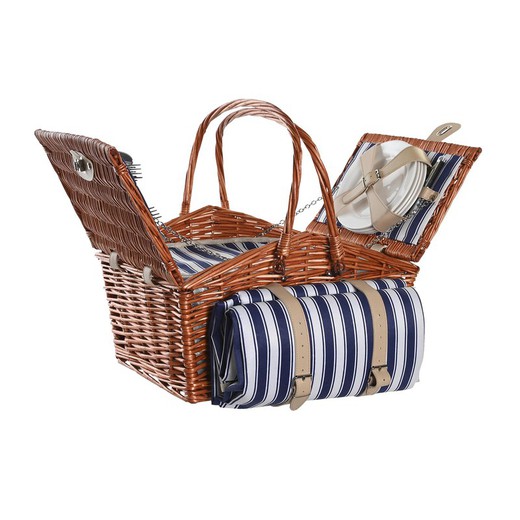Wicker picnic basket in natural and blue, 42 x 30 x 20 cm | Sea Side