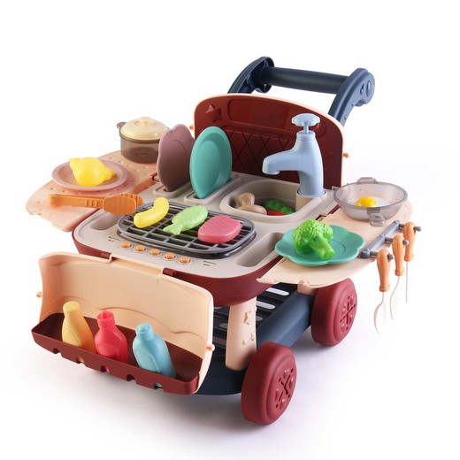 Παιδική κουζίνα από πολυαιθυλένιο 2 σε 1 σε μπεζ και καφέ χρώμα, 39x23x27 cm | καρότσι κουζίνας