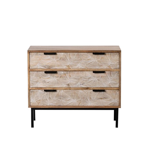 Chest of drawers in mago wood and metal in natural and white, 100 x 40.5 x 85 cm