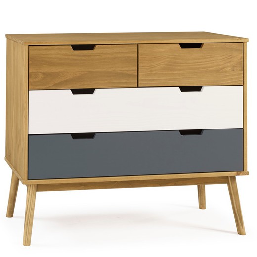 Natural pine wood chest of drawers, white and gray, 100 x 40 x 82 cm
