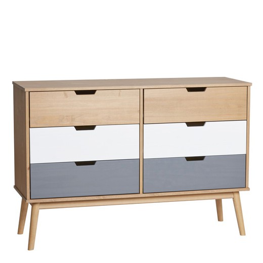 Natural pine wood chest of drawers, white and gray, 120 x 40 x 82 cm