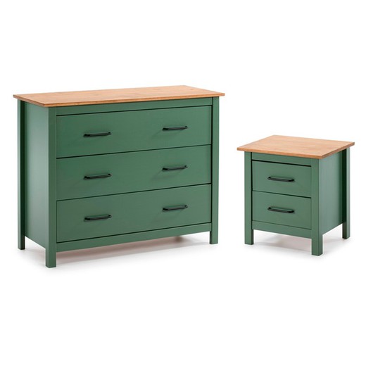 Green pinewood chest of drawers and matching nightstand