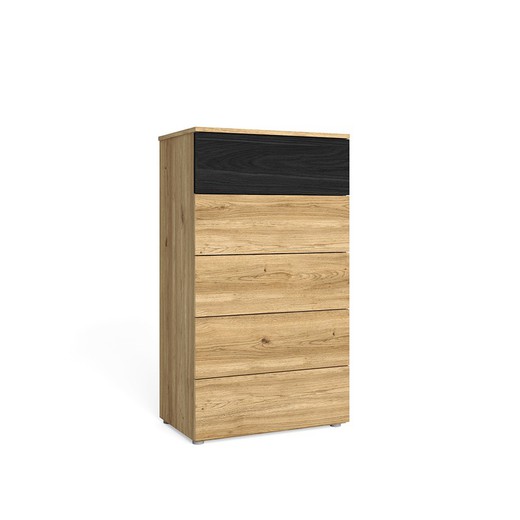 Wooden chest of drawers in natural and black, 62 x 40 x 111 cm | Care