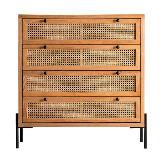 Wood and natural rattan chest of drawers, 90 x 40 x 95 cm | Zethel